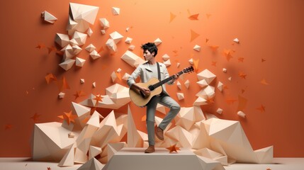 Musician in a creative explosion of geometric shapes, playing guitar against an orange backdrop, symbolizing artistic expression.