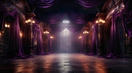 elegant old-fashioned stage with high ceilings and purple curtains