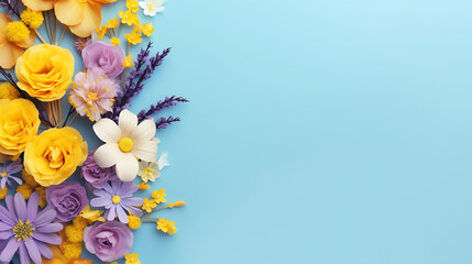 Flowers composition. Yellow and purple flowers on pastel blue background. Spring, easter concept. Flat lay, top view, copy space. Generative Ai