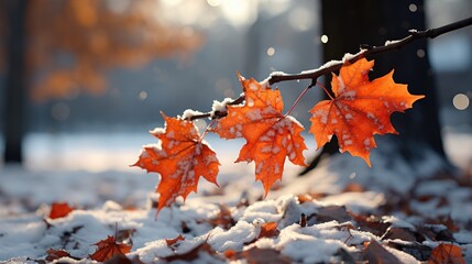 Crisp autumn leaves edged with frost, clinging to a branch against the soft light of a winter dawn.
