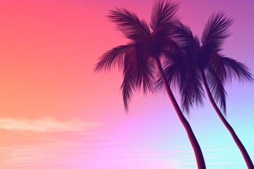 Fototapeta na wymiar Gradient sunset backdrop with palm tree silhouettes, featuring a vaporwave vibe and 3D rendering.