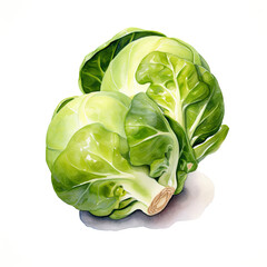Two Brussel sprouts on a white background. Traditional vegetable to accompany Christmas dinner. Digital watercolour. - obrazy, fototapety, plakaty