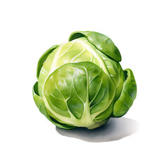 Fototapeta premium A single Brussel sprout on a white background. Traditional vegetable to accompany Christmas dinner. Digital watercolour.