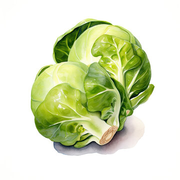 Two Brussel Sprouts On A White Background. Traditional Vegetable To Accompany Christmas Dinner. Digital Watercolour.