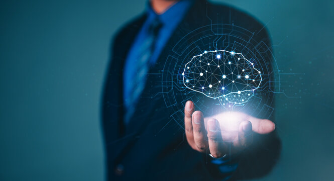 artificial intelligence, digital, innovation, technology, brain, intelligence, business, future, neural, network. businessman's with hud neural link ai technology merging connectivity and intelligence