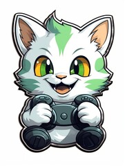 Cartoon sticker cute gamer kitten with game joystick, AI