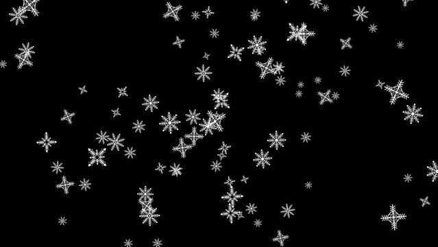 different snow particles falling down animation on black screen. winter, new year and Christmas concept.