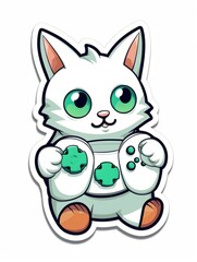 Cartoon sticker cute gamer kitten with game joystick, AI