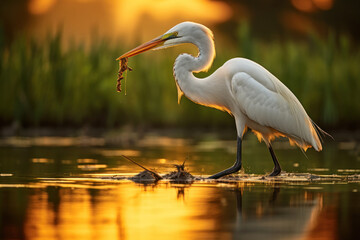 Egret is looking for food in wetland conservation and sustainability - obrazy, fototapety, plakaty