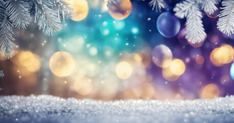 Obraz na płótnie Canvas Create an a photo realistic silver and ice blue Christmas background with bokeh lights, Christmas tree, gifts, garlands in a snowy environment. New Year or x-mas purple banner bokeh background with 
