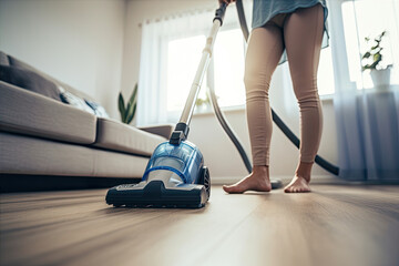 Close up photo of a woman vacuuming floor with a vacuum cleaner - obrazy, fototapety, plakaty