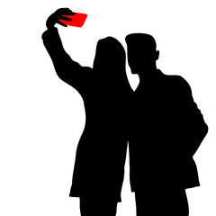 Selfie. Vector silhouettes of a man and woman with a phone