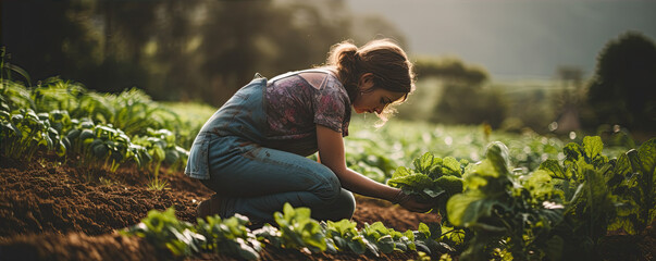 Beautiful woman is harvesting fresh vegetables on the field - obrazy, fototapety, plakaty
