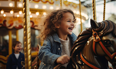 Happy smiling kid is enjoying ride a horse on carousel. - obrazy, fototapety, plakaty
