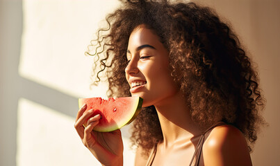Beautiful young woman is enjoying eating fresh watermelon during hot day.