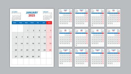 Calendar 2025 template set on blue background, Desk calendar 2025 design, planner design, wall calendar template, Set of 12 Months, Week Starts on Monday, Poster, Yearly organizer, Stationery, vector - obrazy, fototapety, plakaty