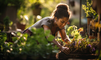 Beautiful woman is taking care of amazing flowers in the garden - obrazy, fototapety, plakaty