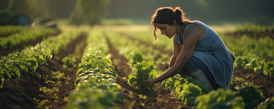 Beautiful Young Woman Is Working On The Field, Growing Vegetables Concept