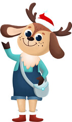Christmas reindeer in santa hat with bag and wearing sweater and overalls in cartoon style.