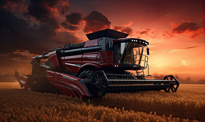 Obraz premium Combine harvester harvesting the wheat on the amazing wheat field