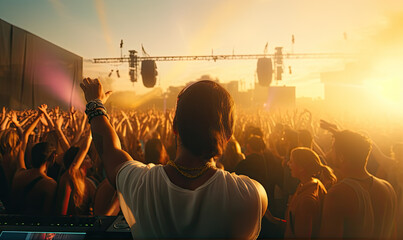 DJ behind the mixing desk at a big open air concert with a huge crowd in front of him - obrazy, fototapety, plakaty
