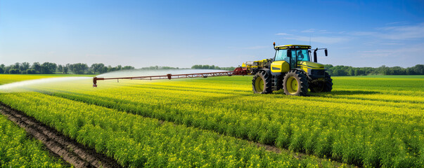 The tractor sprays the crops in the amzing field
