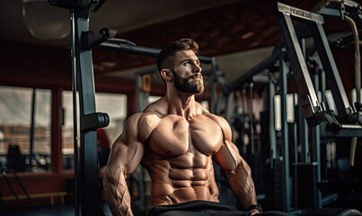Fototapeta na wymiar Handsome man bodybuilder during workout in the gym.