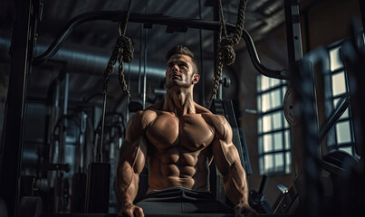 Fototapeta na wymiar Handsome man bodybuilder during workout in the gym.