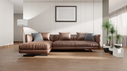 Showcase a living room with a modern contemporary scheme and furniture The furniture should include light wood tones Use a warm inviting light Feature a modern couch with clean lines.