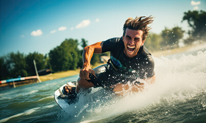 Young man riding on the wakeboard - obrazy, fototapety, plakaty
