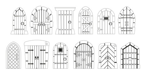 Elegant Black And White Medieval Doors Icons Exude Timeless Charm, Featuring Intricate Details, Outline Illustration