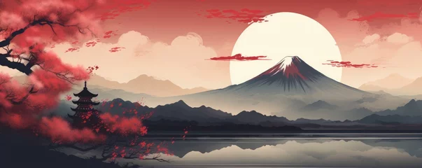 Tuinposter Natural traditional japanese landscape and buildings. Fuji. Illustration. Generative ai. © alexanderuhrin