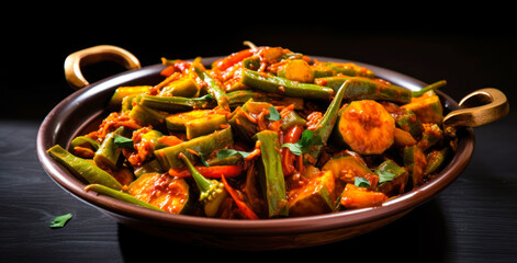 Indian masala fried Okra bhindi or ladyfinger curry.
