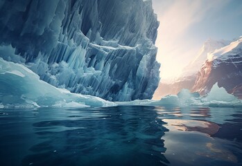 an impressive rock formation floats in an ocean of ice on photo-realistic landscapes