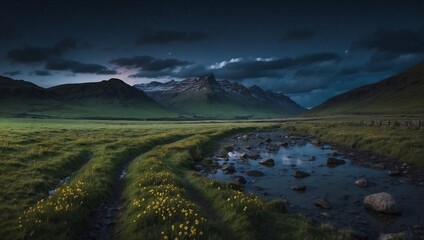 Calm Night Reflections in a Mountain Valley. Generative AI