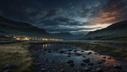 Fototapeta premium Calm Night Reflections in a Mountain Valley. Generative AI