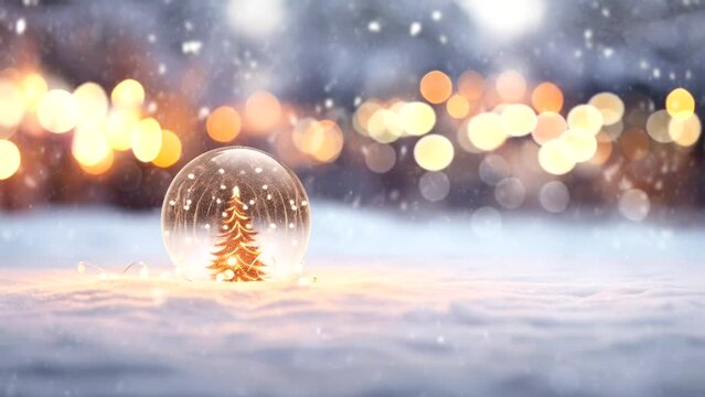 A glass bauble lies on the snow. Falling snow and moving lights in the background. Loop animation. 18 sekund. 2k. Ai generative