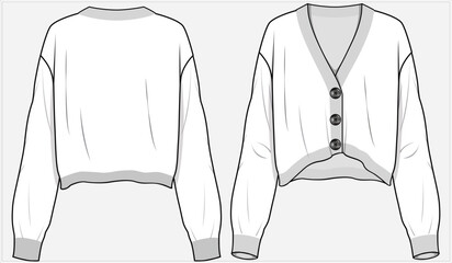 WOMEN'S CROP BUTTON THROUGH V-NECK CARDIGAN DESIGNED FOR WOMEN AND GIRLS FRONT AND BACK FLAT SKETCH IN EDITABLE VECTOR ILLUSTRATION