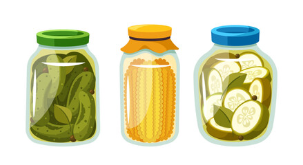 Glistening Glass Jars Showcase Meticulously Pickled Cucumbers And Golden Corn Cobs, Preserves, Cartoon Illustration