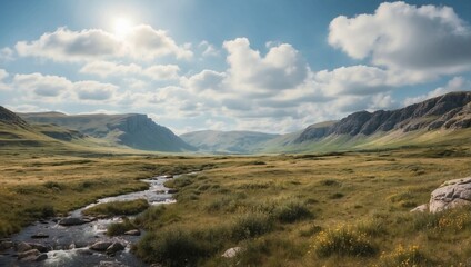 Majestic Mountain Landscape at Sunrise with Reflections on a Calm Wetland. Generativa AI