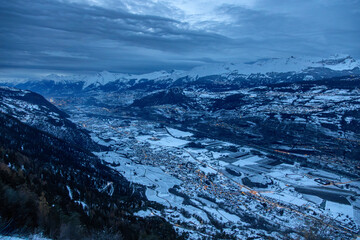 snow covered Rhone Valley and mountains in winter near of Sion city, Switzerland - 691106360