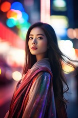 Fototapeta premium Beautiful asian girl bokeh colorful city background