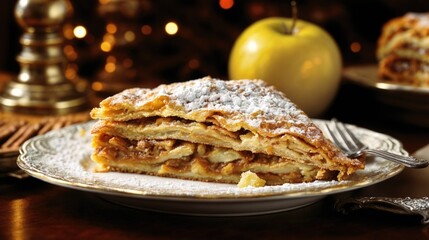 A slice of Apfelstrudel, a German pastry whose golden dough delicately envelops a fragrant filling of apples and cinnamon raisins, rests on a vintage porcelain plate.