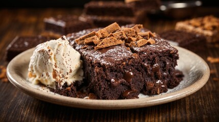 A brownie rests with ice cream on a vintage dessert plate. Its surface is cracked, concealing a dense, chewy interior. Chunks of dark chocolate emerge, promising a rich, indulgent flavor.