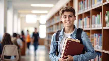 Smiling cute boy, positive male teenage high school student holding backpack and books, looking at camera standing in modern university or college campus library.