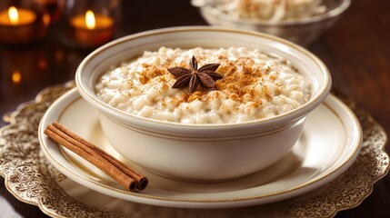 Within a charming ceramic dish sits a warm and inviting Turgoule, a traditional Normandy-style rice pudding.
