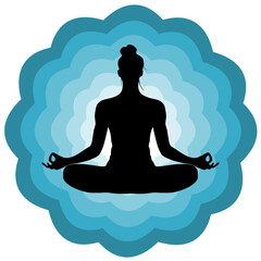 Icon. Beautiful logo of a mandala with multiple shades of blue with a silhouette of a girl in the lotus position meditating