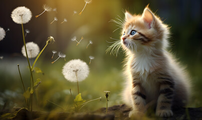 cute kitten cute orange color playing dandelion out of focus background