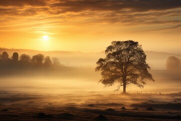 Fototapeta na wymiar Serene landscape with tree and foggy fields. AI Generated
