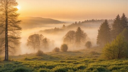 Foggy forest at dawn, twilight soft golden light. Generative AI.